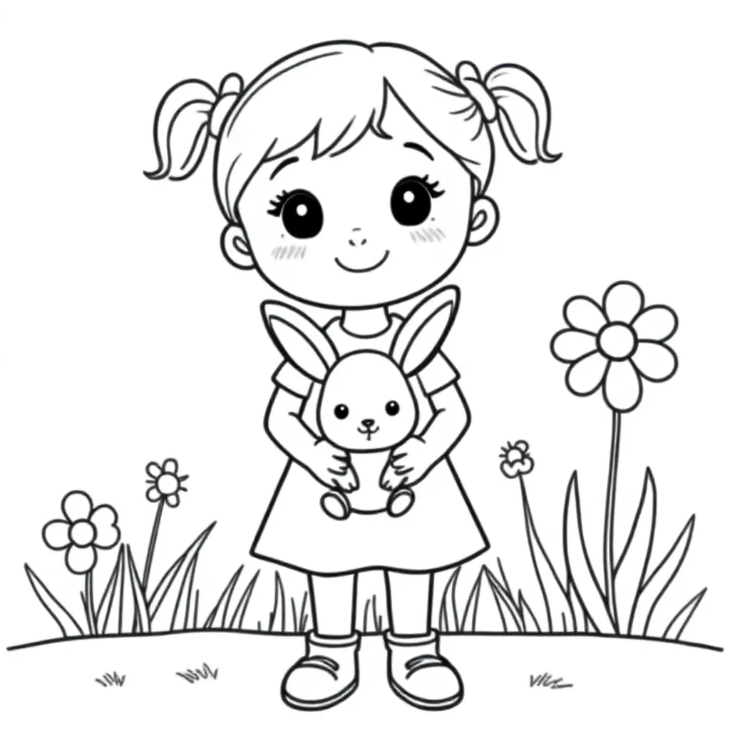 Lief Meisje met schattig konijntje kleurplaat voor kinderen