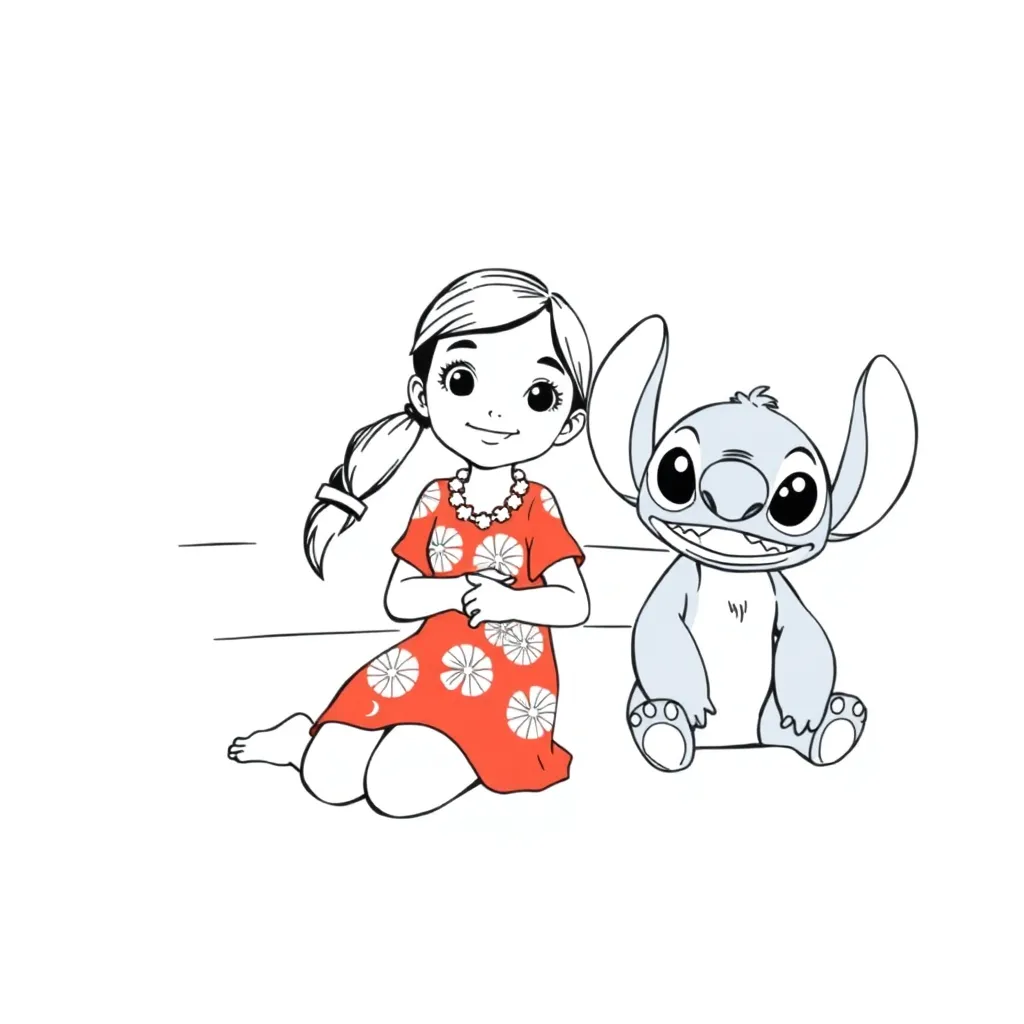 Lilo, Stitch, noir, blanc, coloriage noir et blanc pour enfants