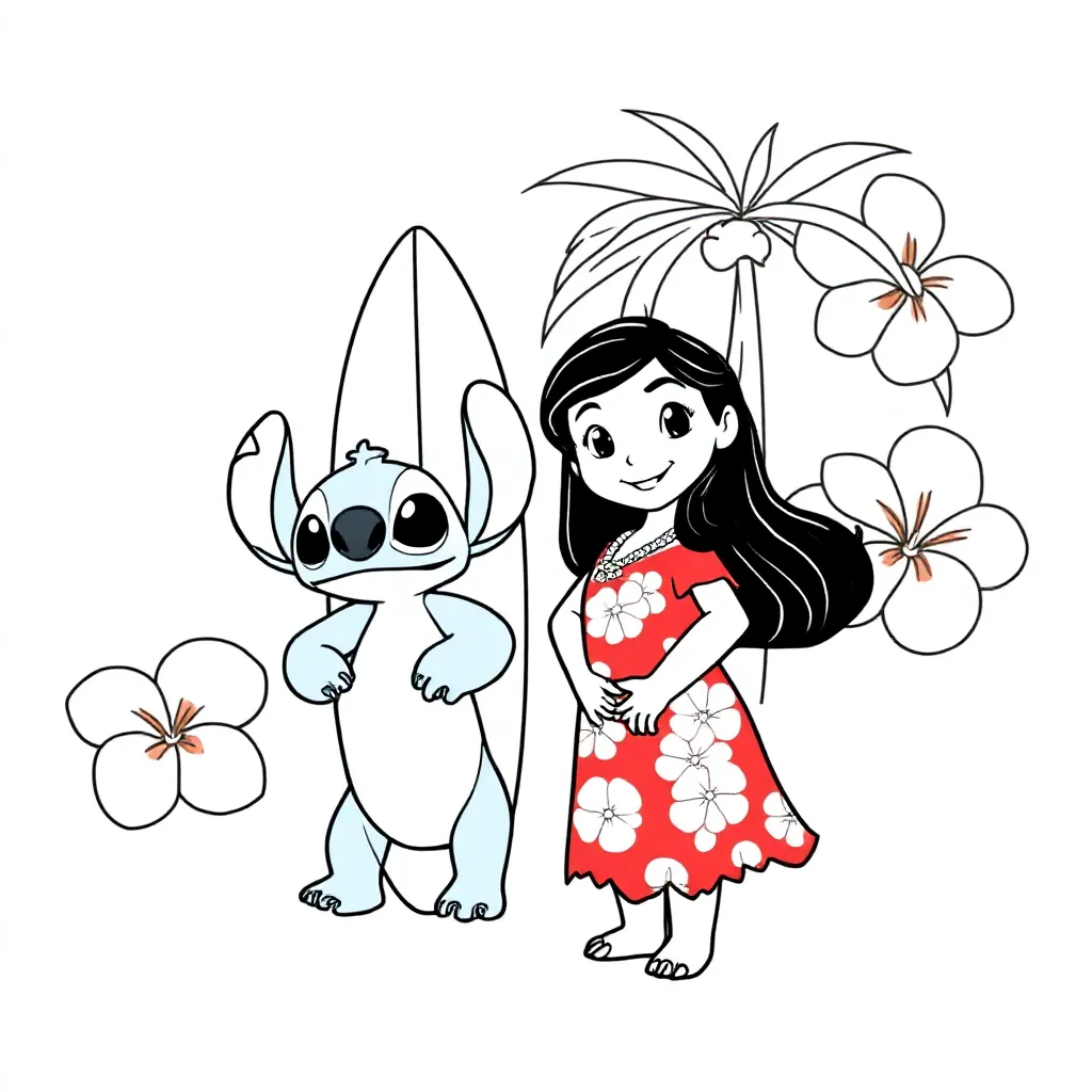 Escena encantadora de Lilo y Stitch, ¡disfrutando de una colorida página para colorear infantil!