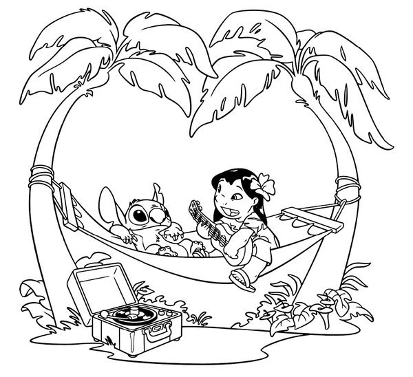 Lilo y Stitch en la hamaca coloring page for children
