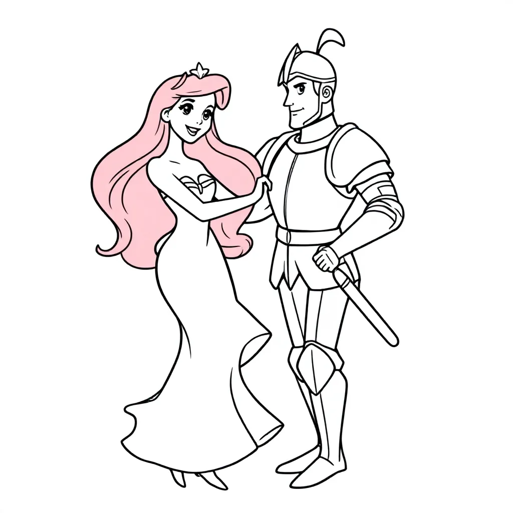 kleine Meerjungfrau Ariel mit Beinen, tanzend mit einem Ritter kleurplaat voor kinderen