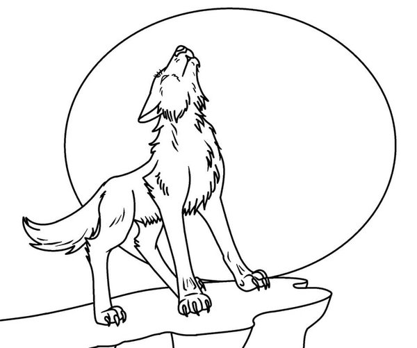 Lobo aullador frente a la luna coloring page for children