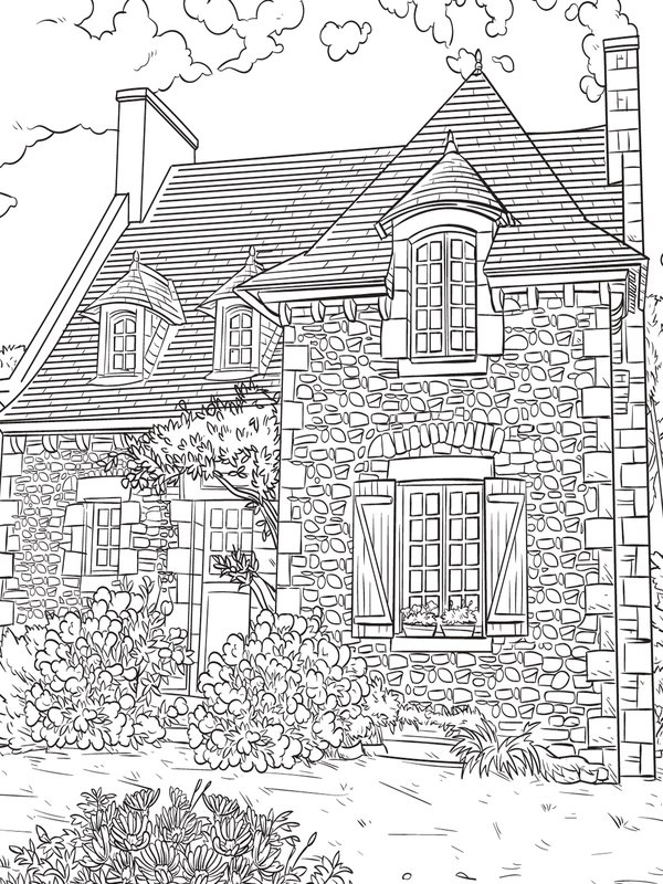 Maison Cottage Stone coloring page for children