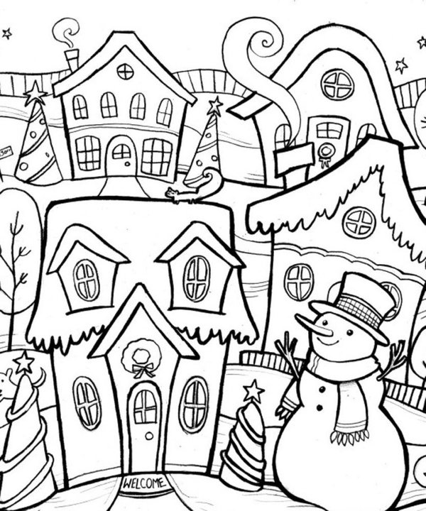 Maisons D Hiver Et Bonhomme De Neige coloring page for children