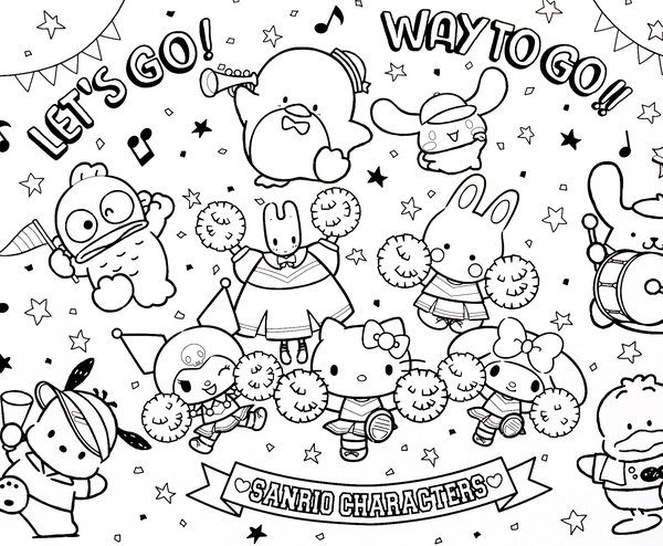 Many Sanrio Characters Partying coloring page for children