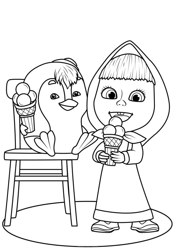 Masha And Penguin Eating Ice Cream coloring page for children