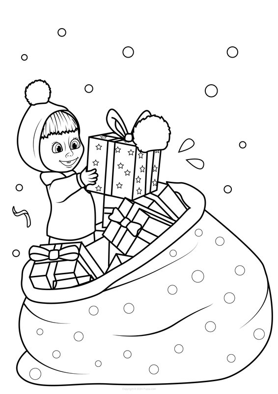 Masha met een zak cadeautjes coloring page for children