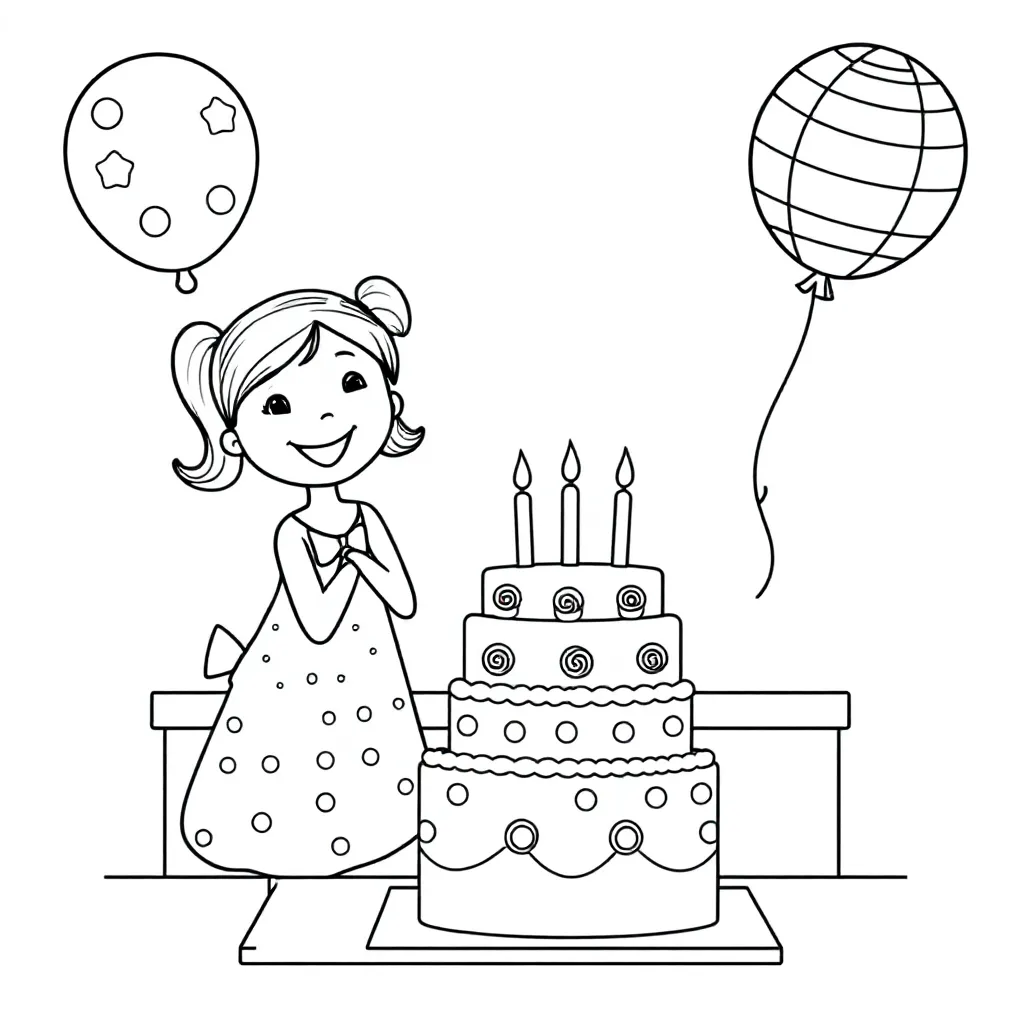 Feuille de coloriage gratuite Fille aux 2 tresses fête son anniversaire  Feuille de coloriage pour Enfants