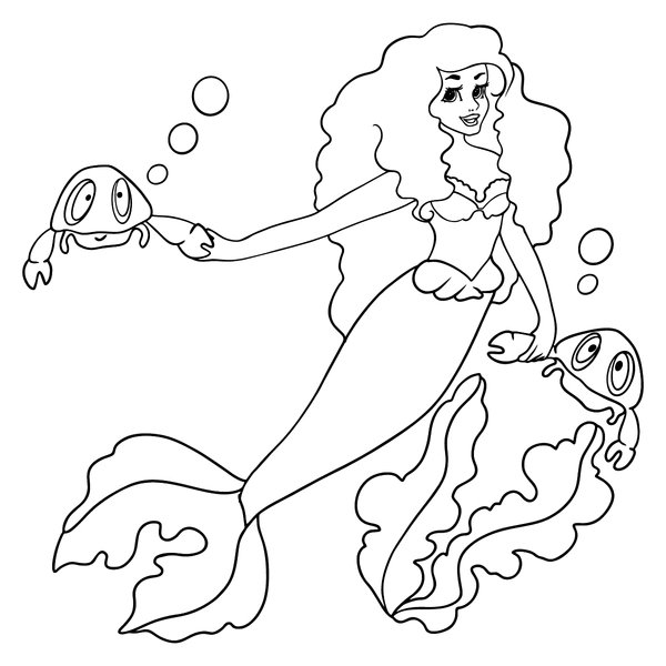 Mermaid Curly Hair And Crabs coloring page for children