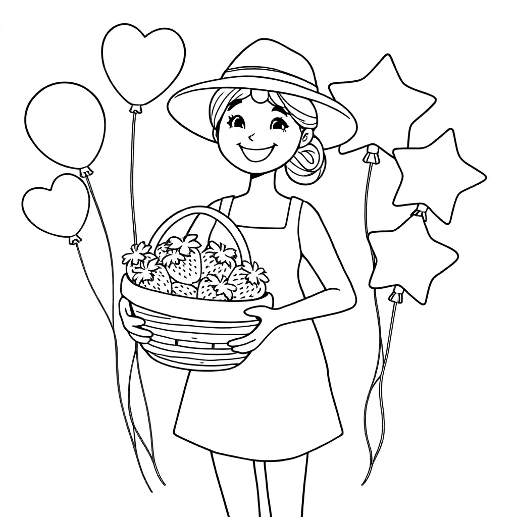 mevrouw met mand aardbeien, zonder bril, met ballonnen, zwart-wit kleurplaat voor kinderen