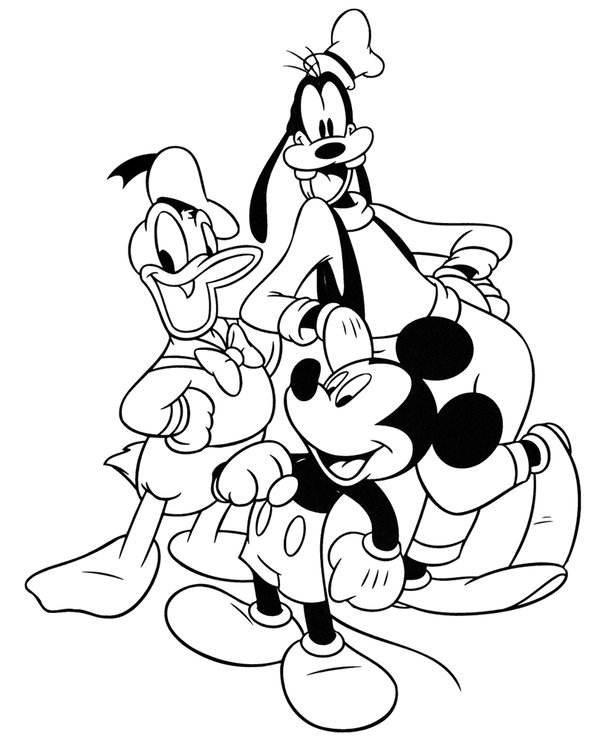 Mickey Mouse Donald Duck Goofy coloring page for children
