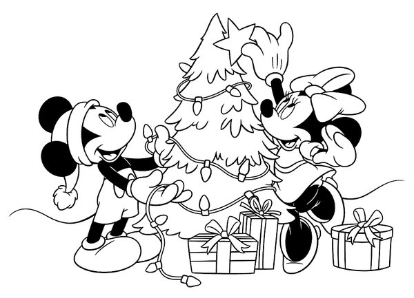 Mickey Mouse y Minnie decorando el árbol de Navidad coloring page for children