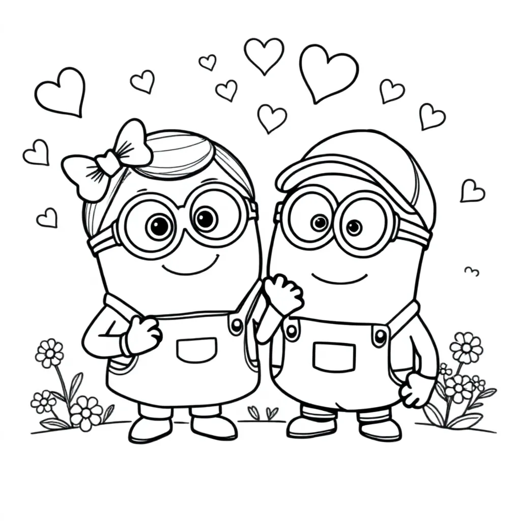 Feuille de coloriage gratuite Minion fille et Minion garçon amoureux  Feuille de coloriage