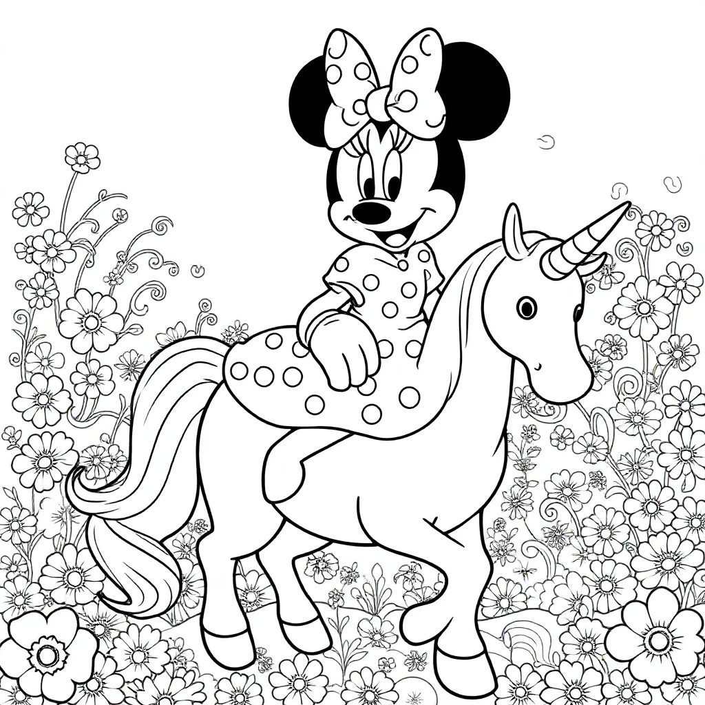 Feuille de coloriage gratuite Minnie Mouse assise sur une licorne Feuille de coloriage pour enfants