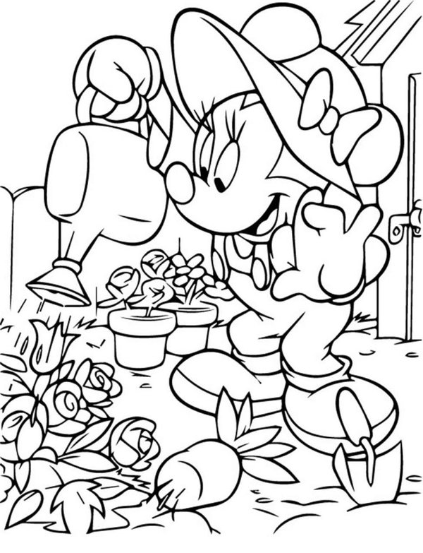 Plantilla de colorear Minnie Mouse, arrosando las plantas