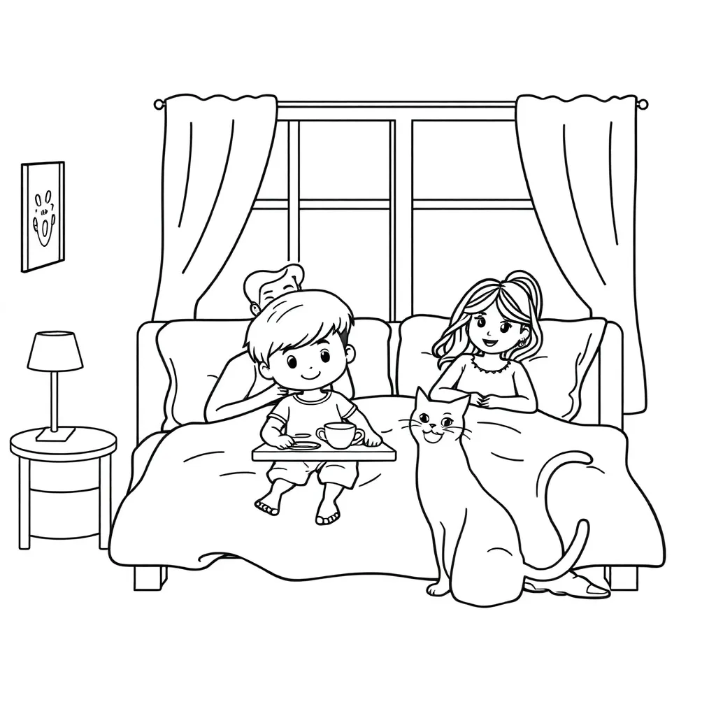 Moederdag Gezin Slaapkamer Ontbijt Liefde coloring page for children