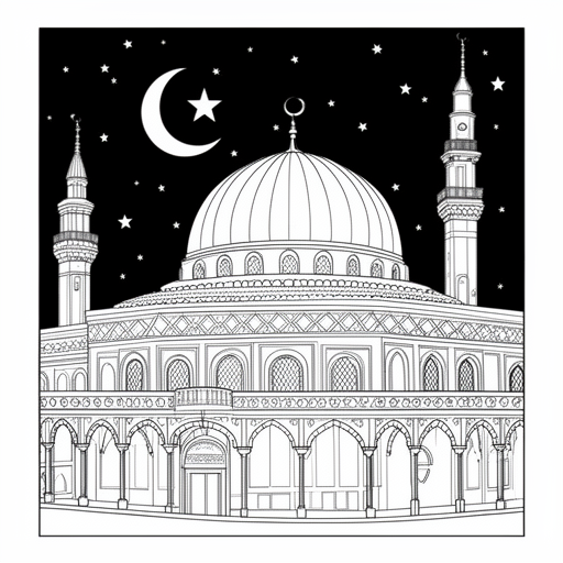 Moskee aksa met Ramadan sfeer en halve maan en ster in de lucht. Een goddelijk sfeer kleurplaat voor
