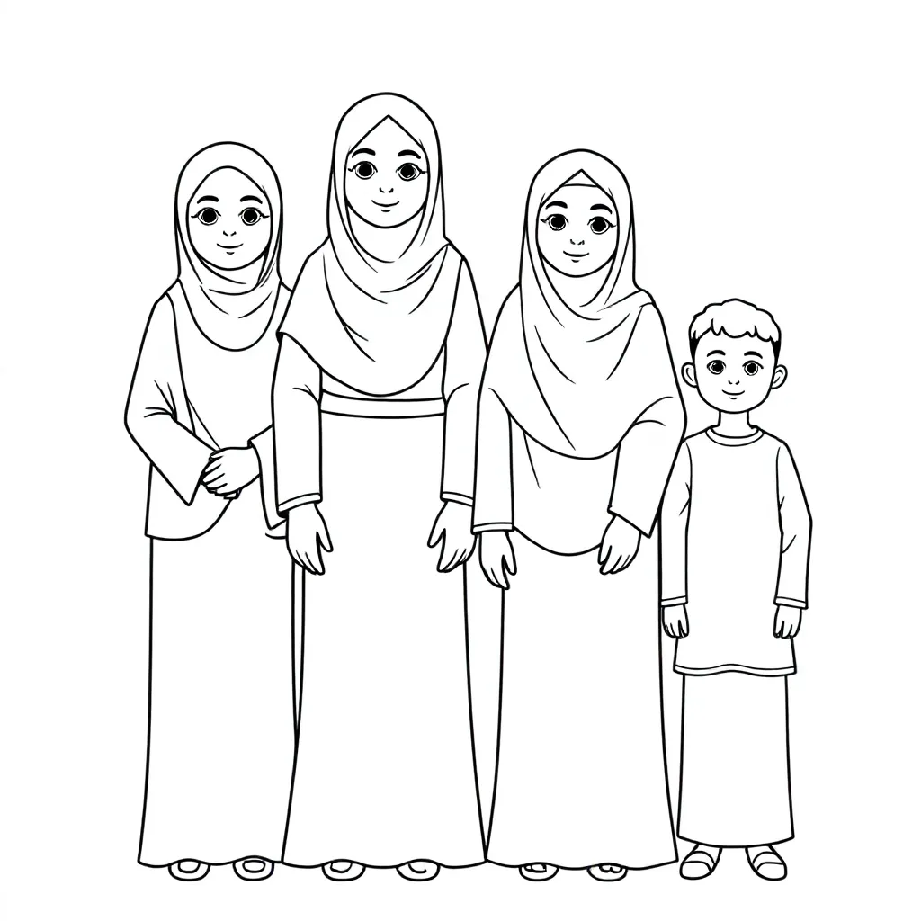 Moslimgezin, moeder met lange hoofddoek, 13 jarige dochter met hoofddoek en lange jurk, 11 jarige do