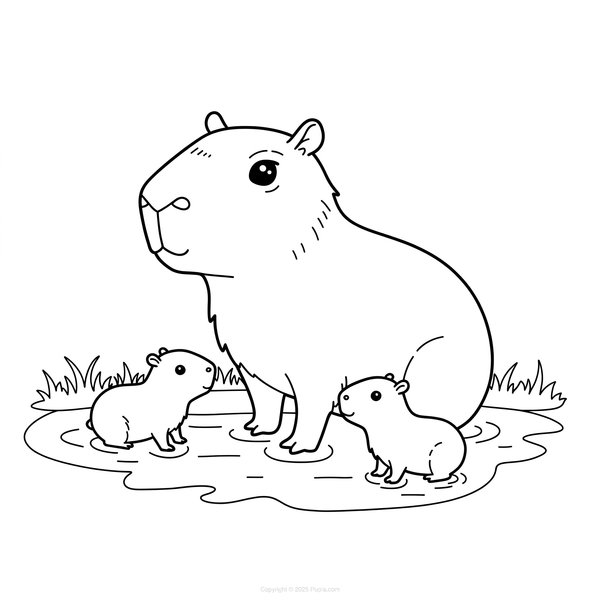 Mutter Capybara mit ihren Babies coloring page for children