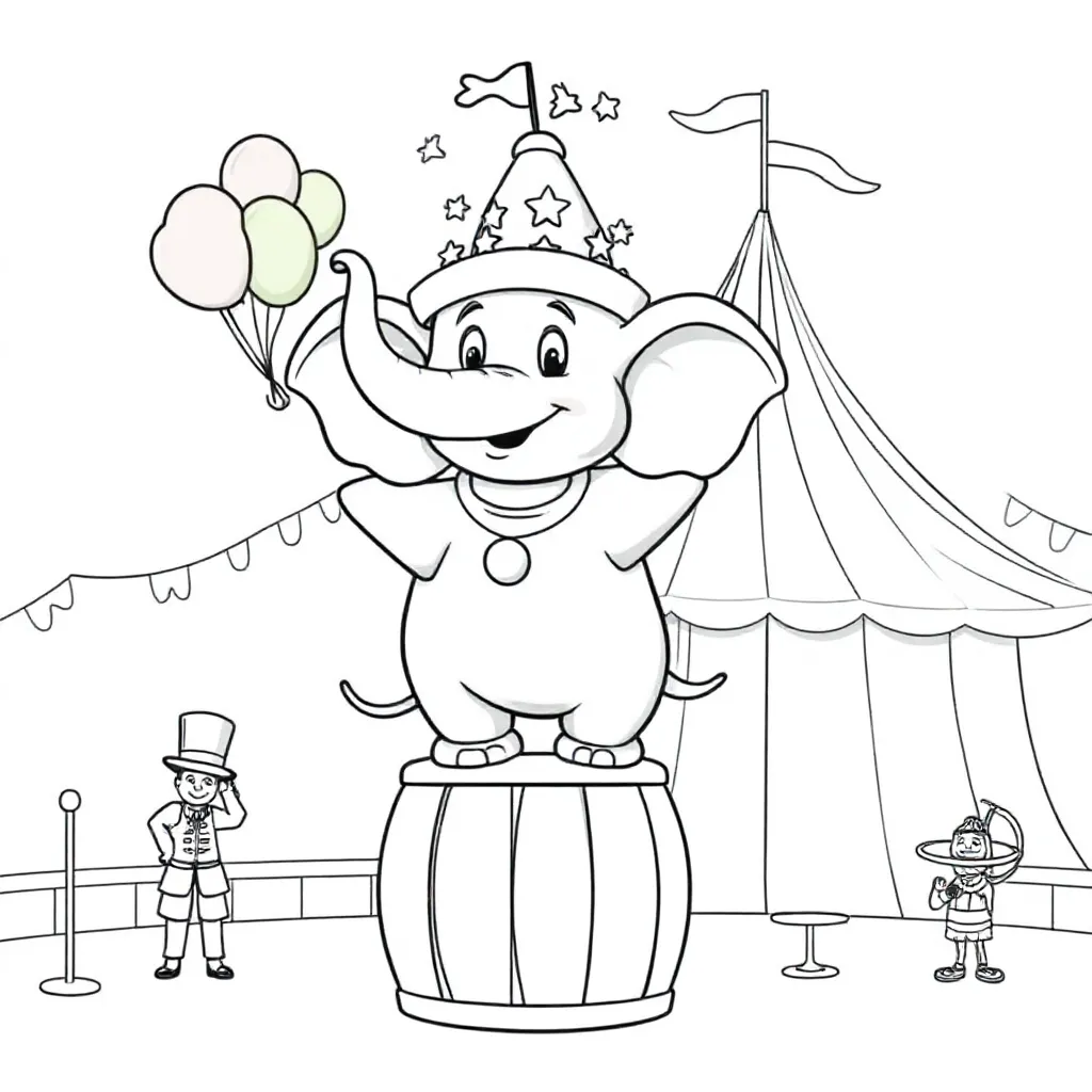 Feuille de coloriage gratuite d'un éléphant de cirque pour les enfants.