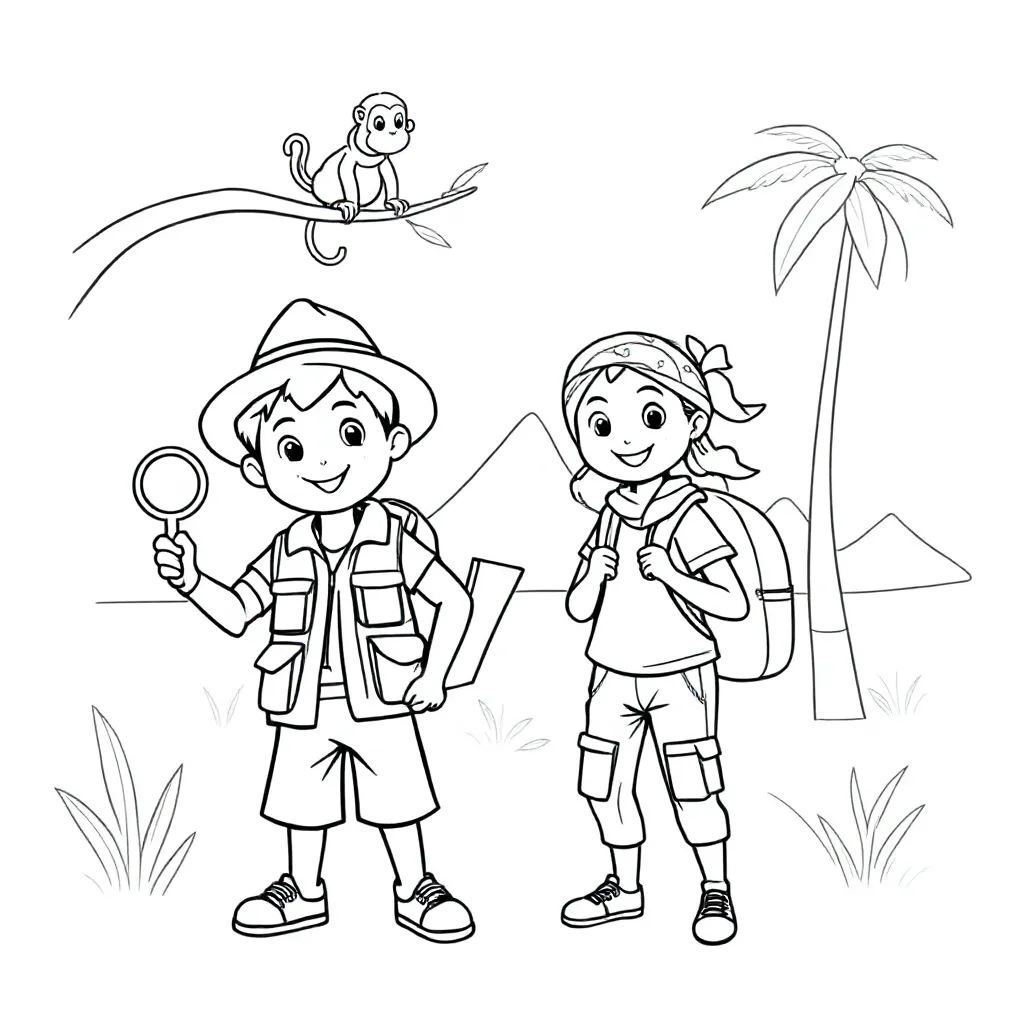Plantilla de colorear para niños: Viajeros exploradores