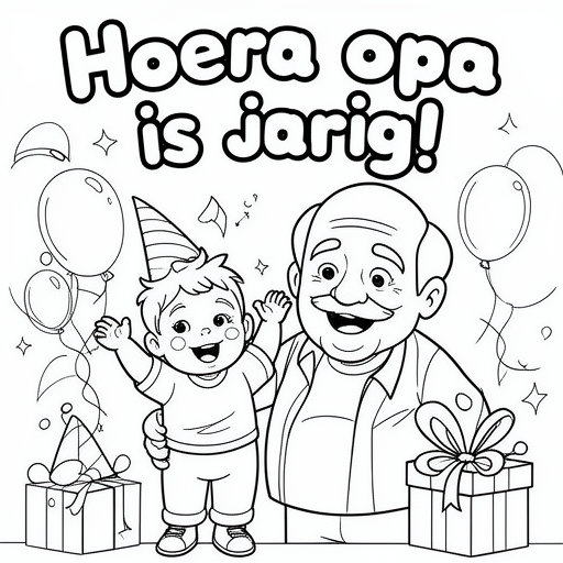 Opa en peuter kleinzoon vieren feest kleurplaat voor kinderen