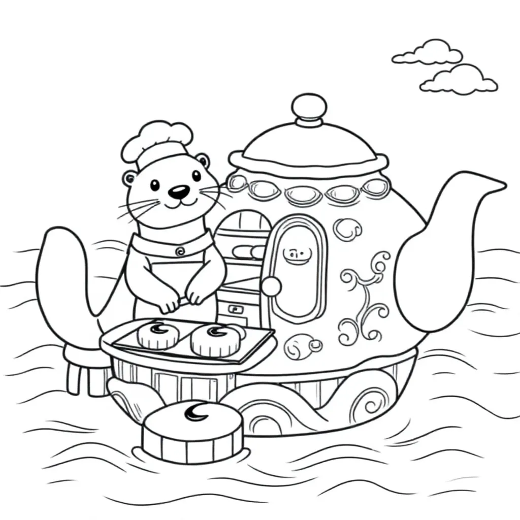 Feuille de coloriage gratuite : L'Otter-chef cuit des petits pains au miel dans une théière flottante.