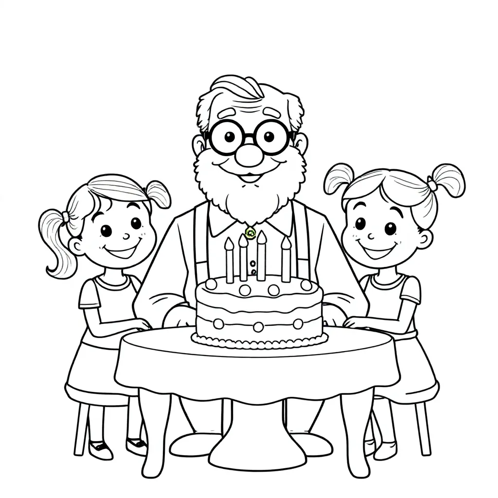 Oud oom met 2 meisjes en taart kleurplaat voor kinderen