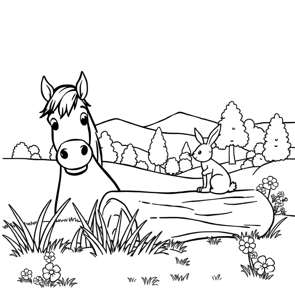 Plantilla de Coloreado Gratis Caballo Conejo Naturaleza Granja Amistad Plantilla de Coloreado