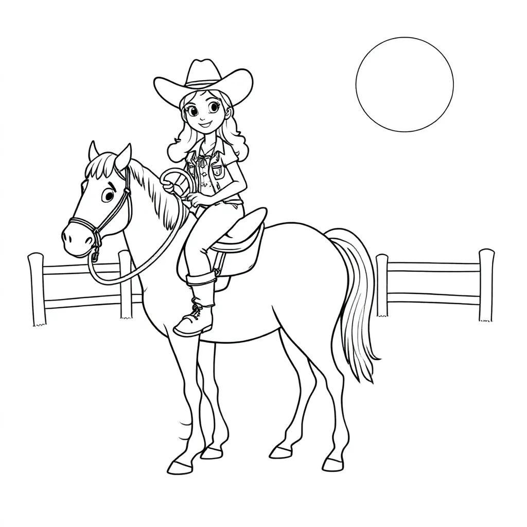 paard met cowgirl coloring page for children