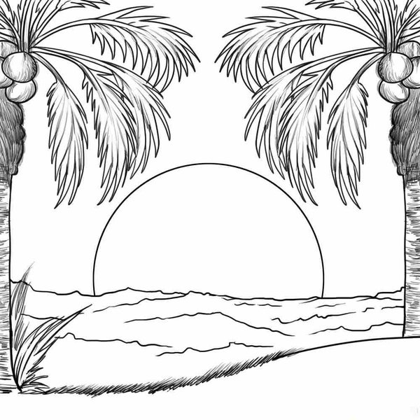 Palmtrees Coconuts Beach coloring page for children