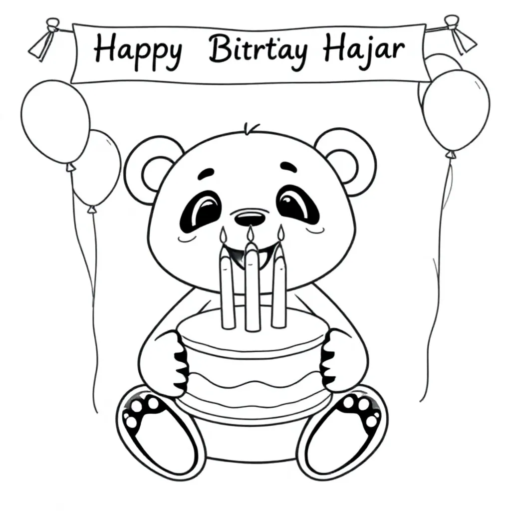 Een panda die een taart vast heeft. Op die taart staan er twee kaarsen, deze kaarsen zijn in de vorm