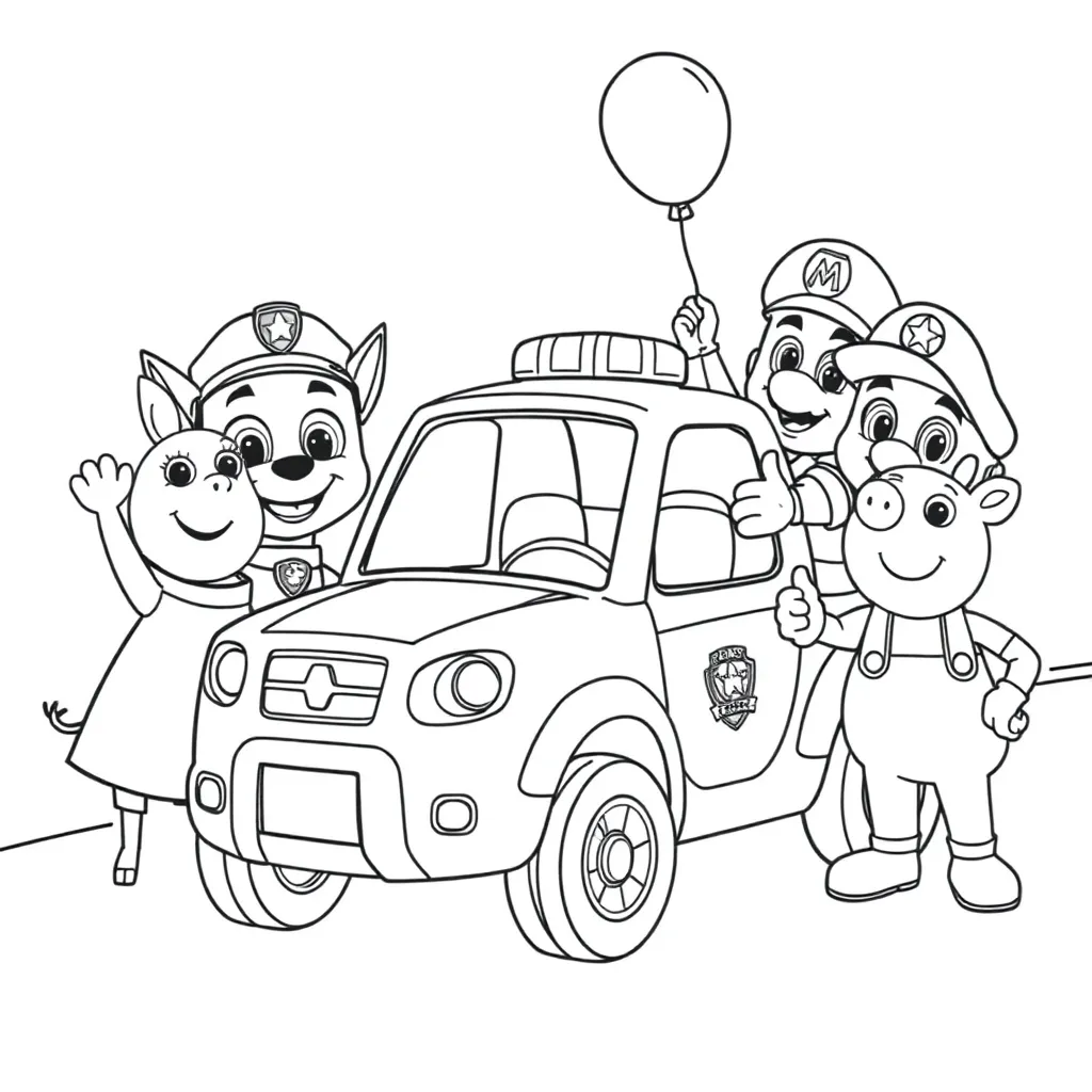 paw patrol met peppa pig en auto en mario samen op een feest Ausmalbild zum Ausdrucken und Ausmalen