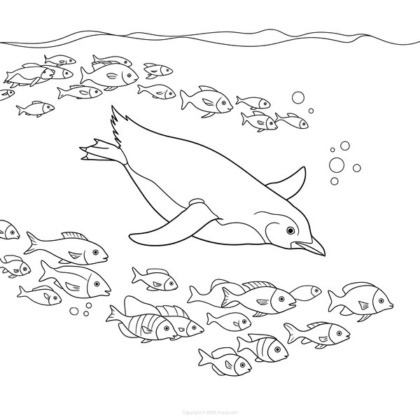 Penguin Swimming With The Fishes coloring page for children