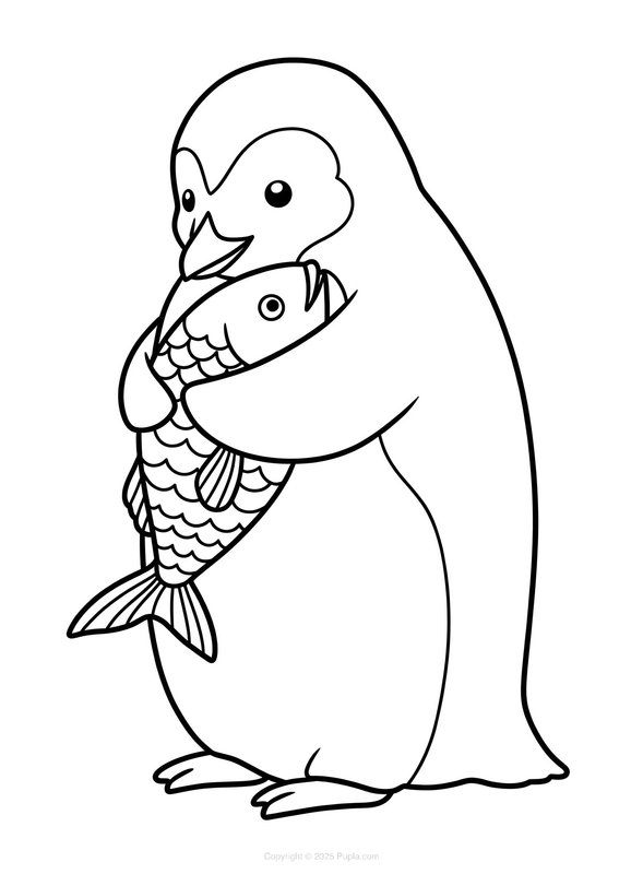 Pingouin serrant un poisson dans ses bras coloring page for children