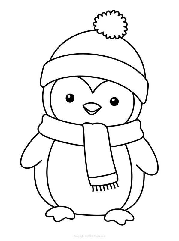 Pingüino con gorro y bufanda coloring page for children