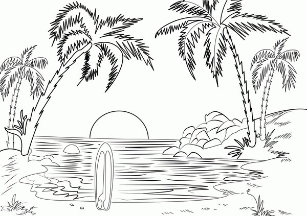 Plage Avec Palmiers Et Planche De Surf coloring page for children