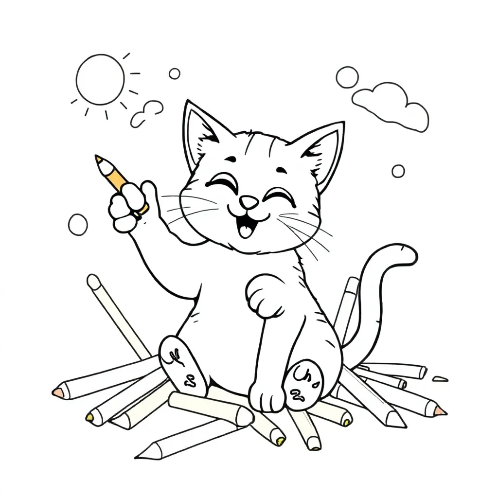 Feuille de coloriage Chat joue avec des crayons de couleur