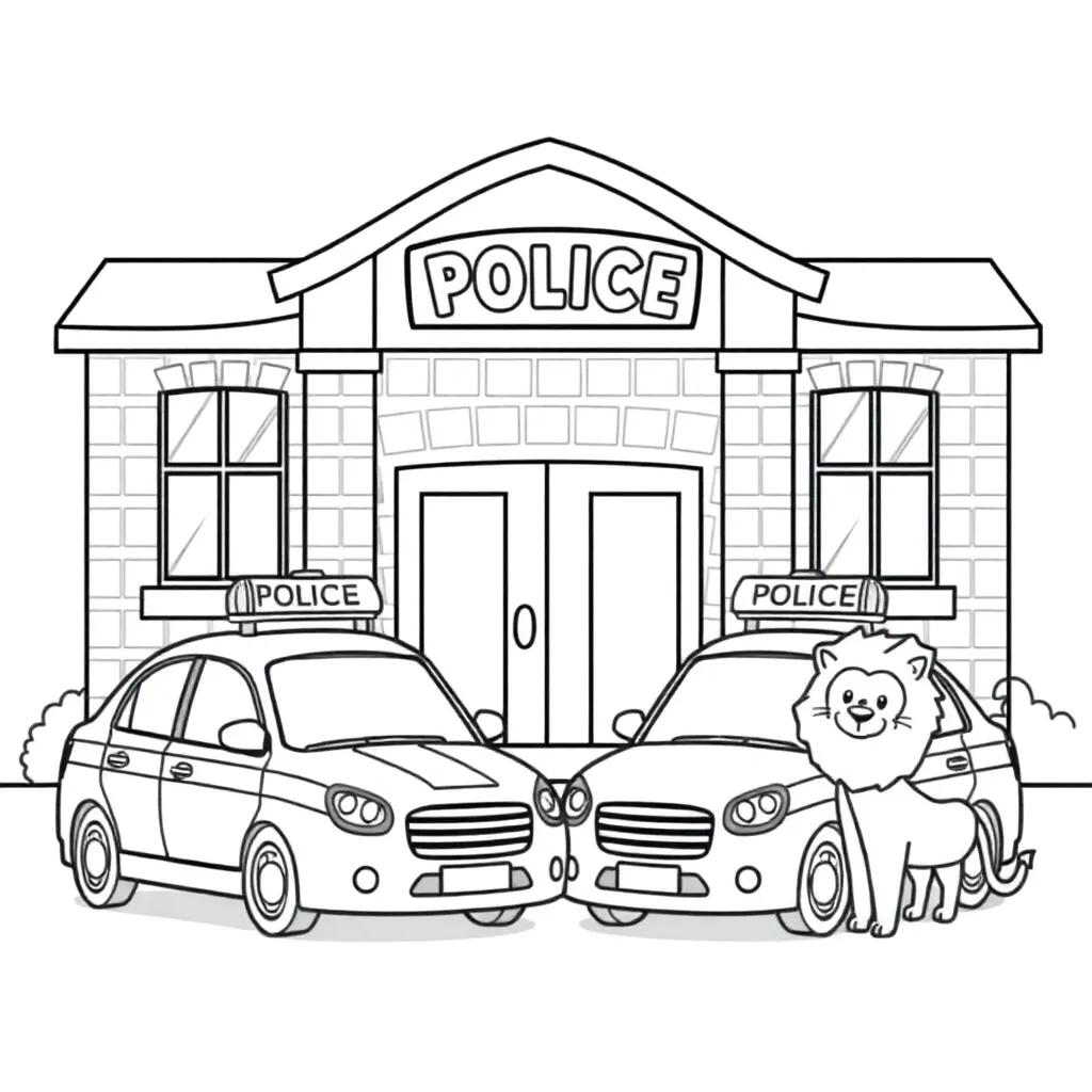 Police station, with car, a lion coloring page for kids