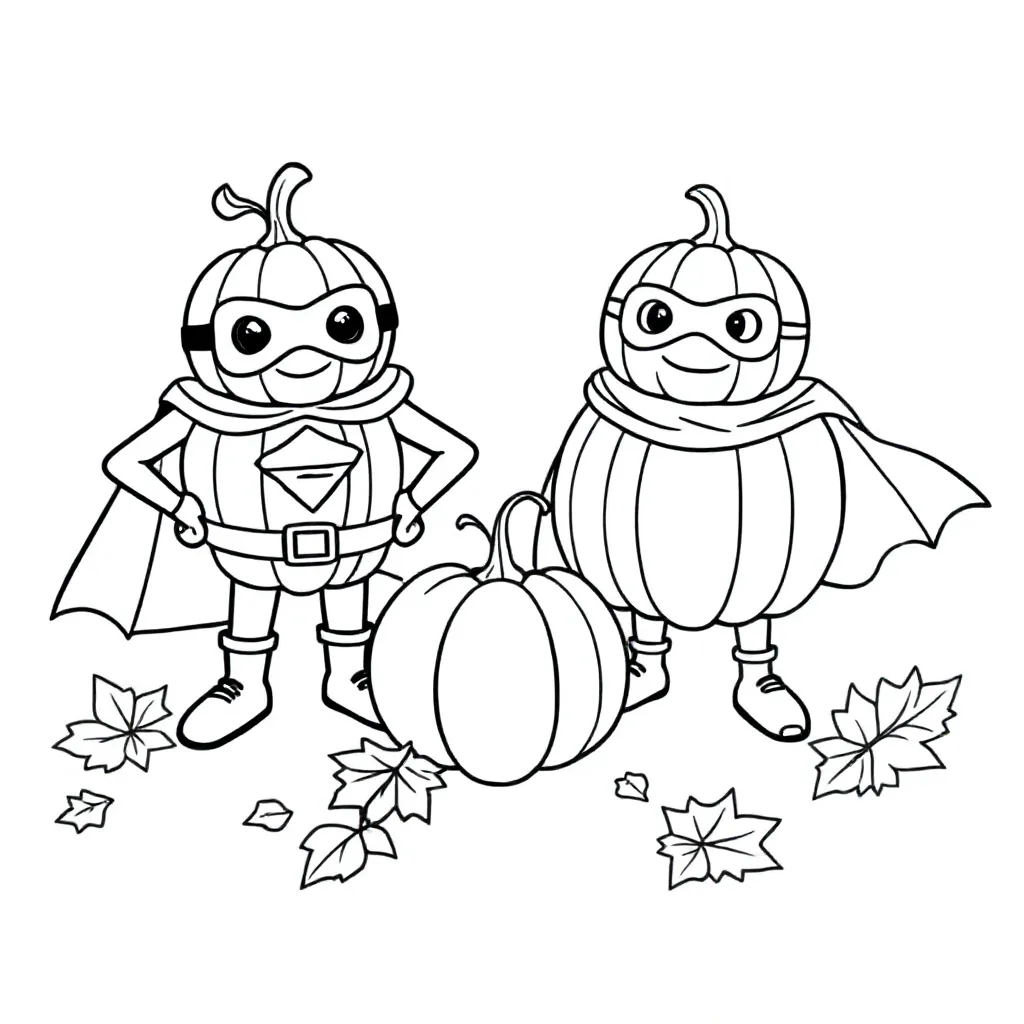 pompoenen met superhelden in een herfsthema coloring page for children