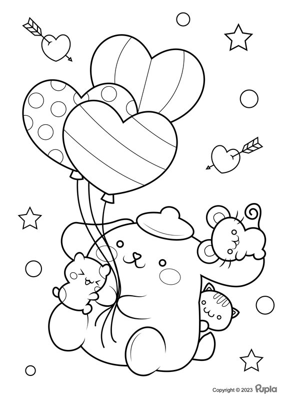 Pompompurin Holding Balloons coloring page for children