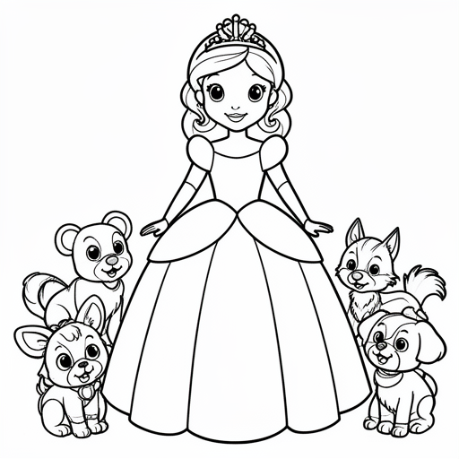 prinses met dieren kleurplaat voor kinderen