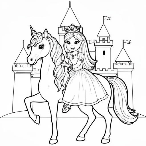 prinses op een eenhoorn voor een kasteel kleurplaat voor kinderen