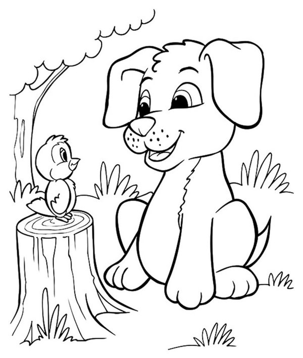Puppy Bird Tree coloring page for children