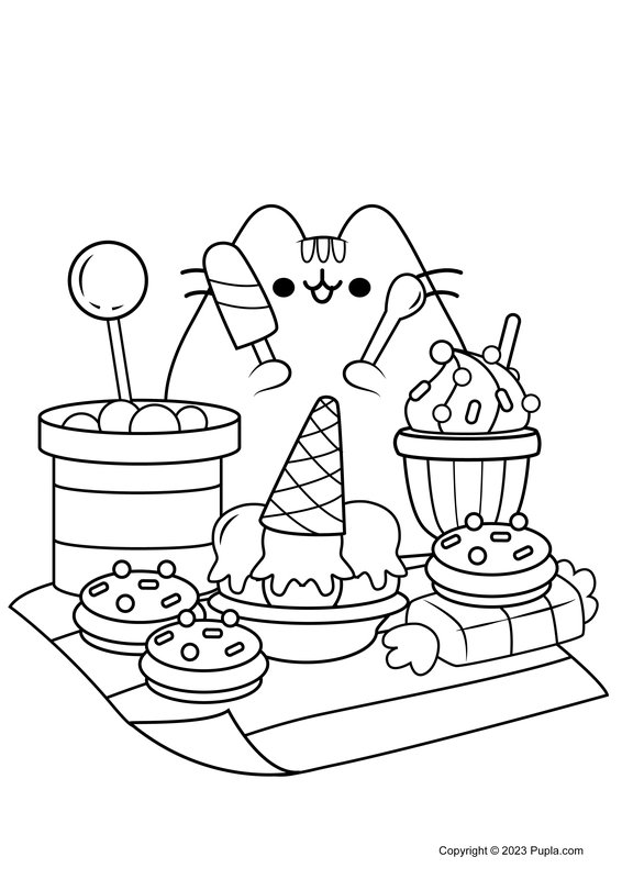 Pusheen Comiendo coloring page for children