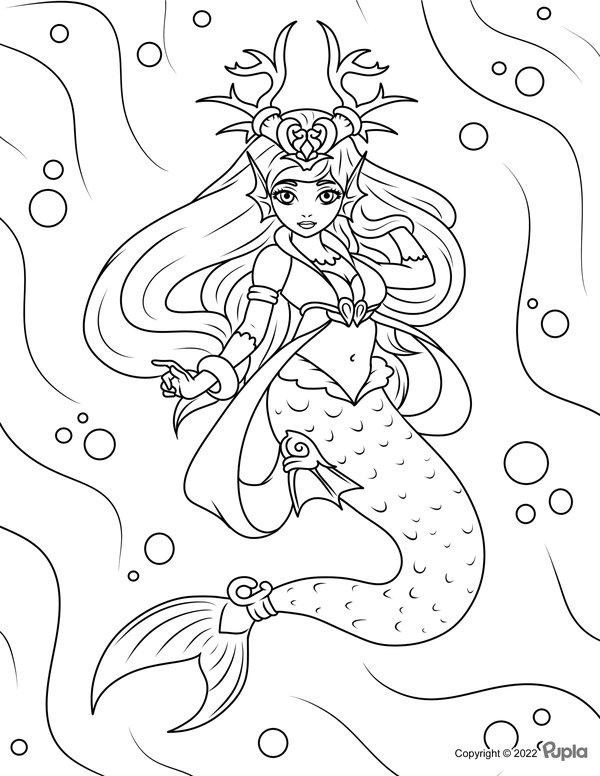 Queen Mermaid In Sea coloring page for children