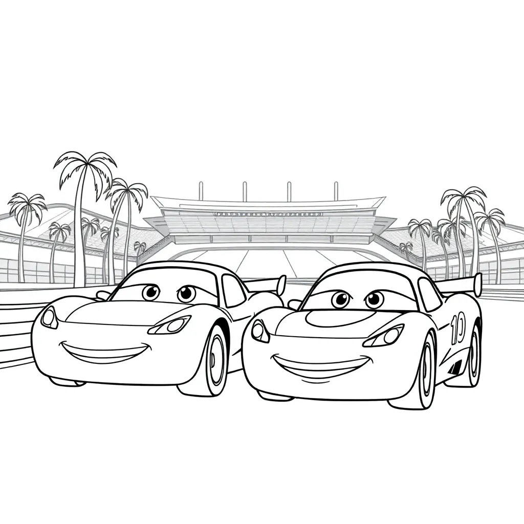 Race Auto Cartoon Stadion Avontuur coloring page for children