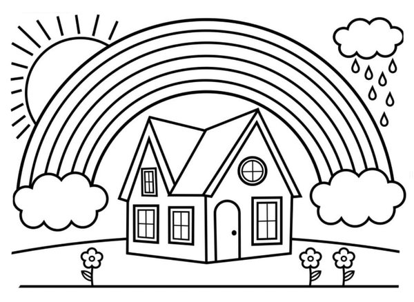 Rainbow Above House coloring page for children