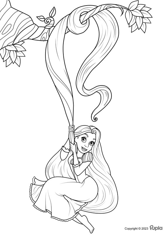 Rapunzel Hanging on a Tree Branch coloring page for children
