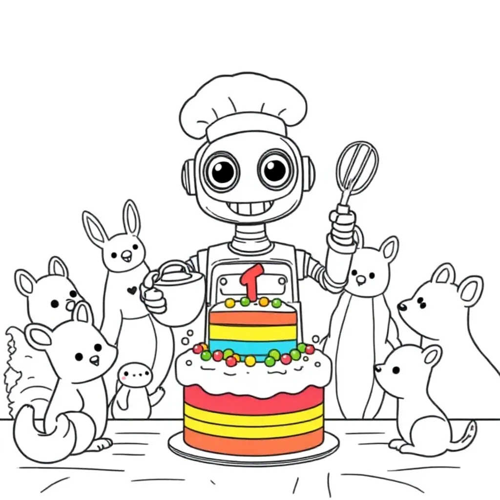 robot-chef die regenboogtaarten bakt voor woodland creatures kleurplaat voor kinderen